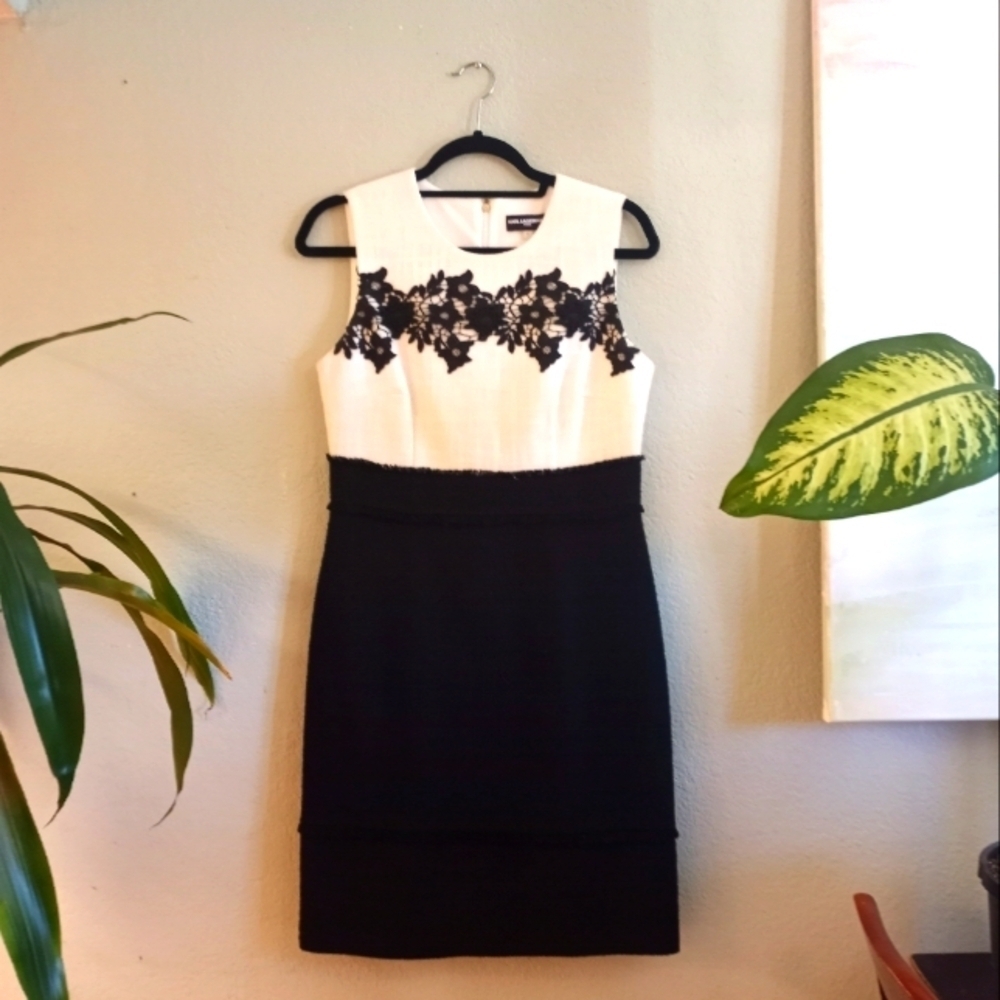 Karl Lagerfield Classic Tweed Sheath Dress w Raw Edge Seams & Floral Embroidery